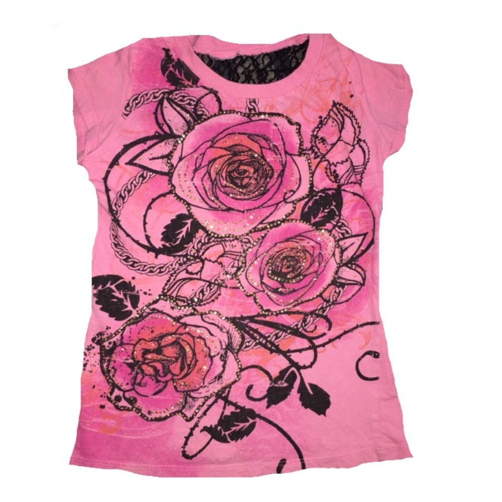 10/$20 Pink cap sleeve shirt roses, sparkle, black